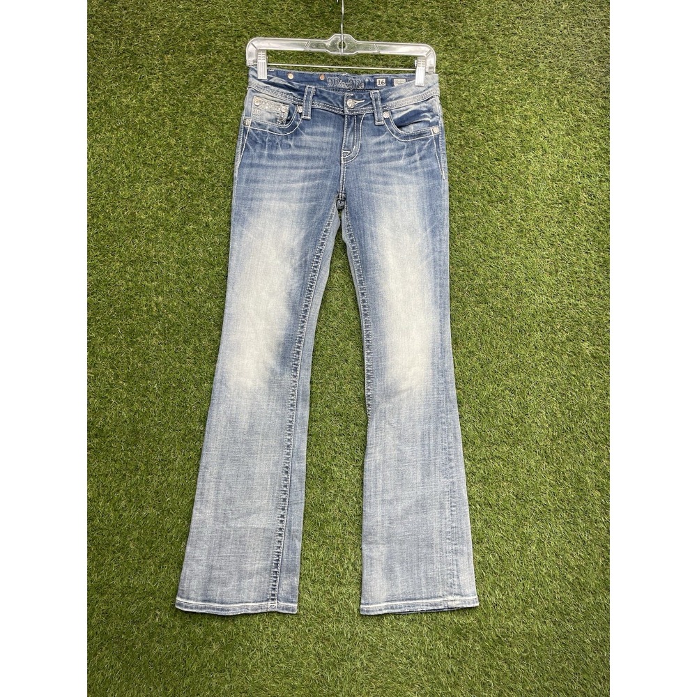 Miss Me Bootcut Jeans Womens 16 Light Wash Denim Embellished Flap Pocket y2k
